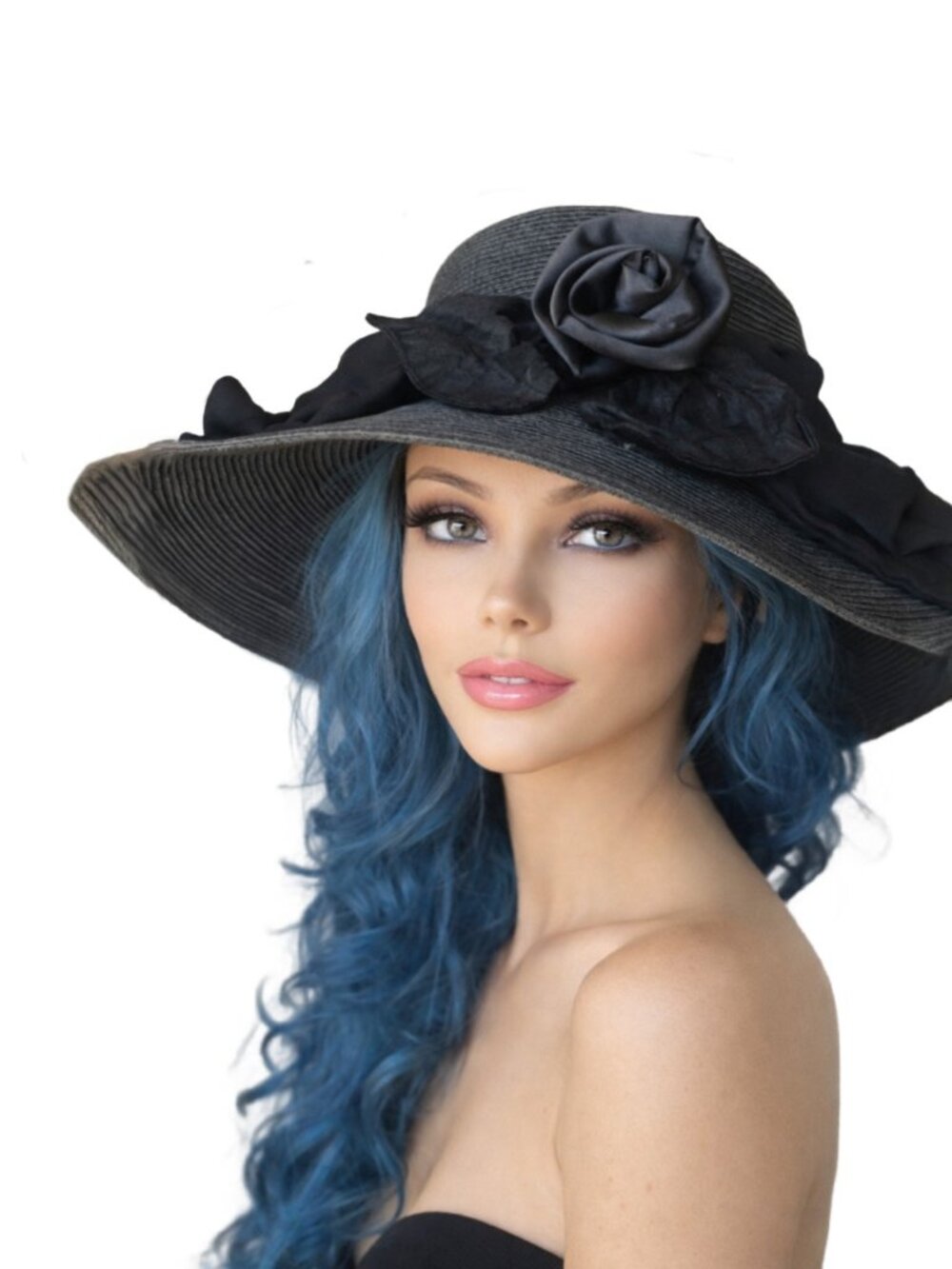 Vintg CARI BOURQUIN Millinery Charcoal Wide Brim Hand Blocked Hat Stylized Rose